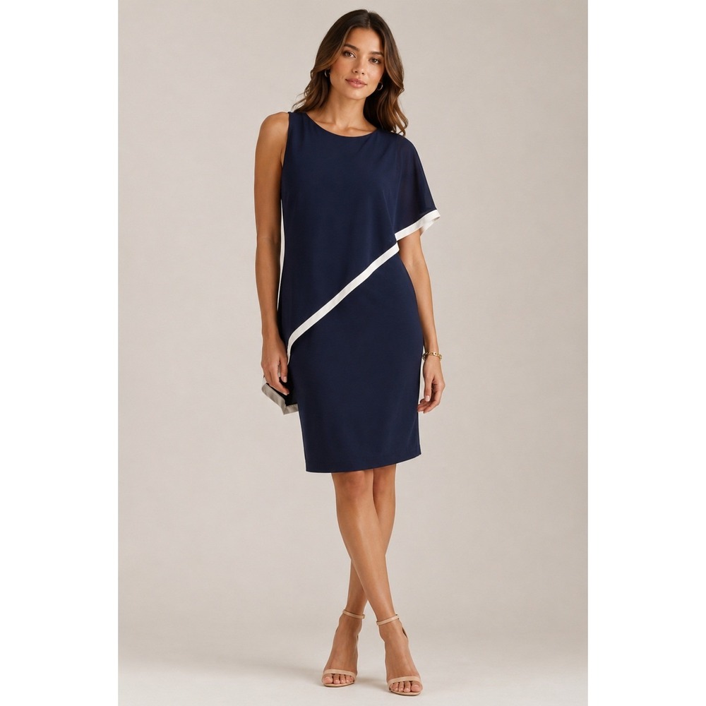 Lauren Ralph Lauren Dress Womens 10 Navy Blue Asymmetrical Cape Overlay Cocktail